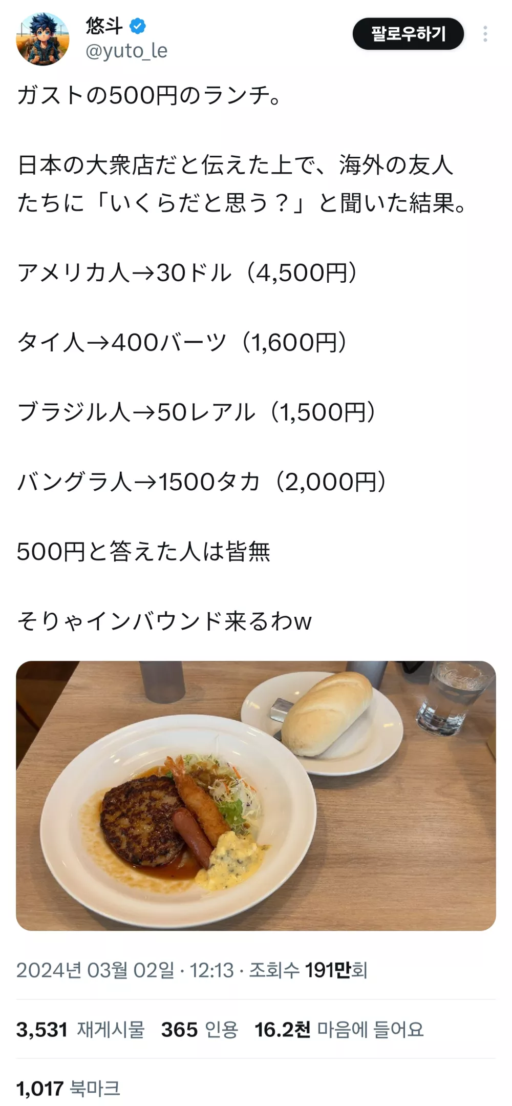 해외 친구들에게 점심값 물어본 일본인